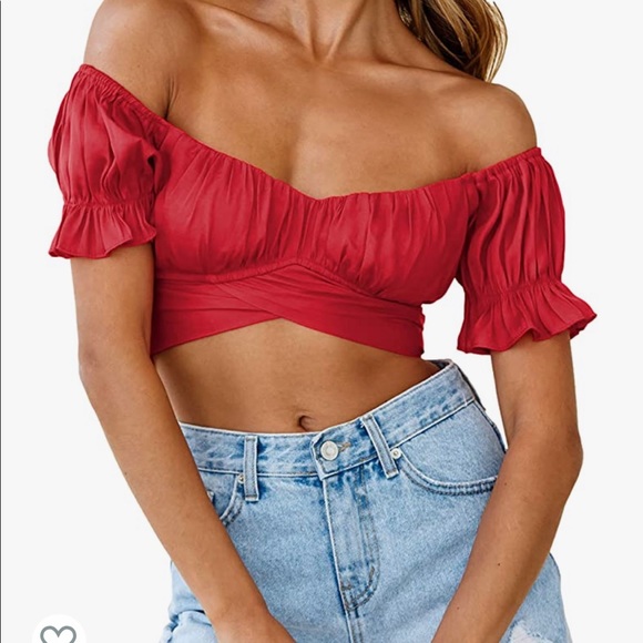 red, crop top blouse with a tie in the back (or could tie in the front) - Picture 2 of 3